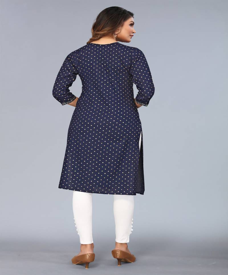 Mohvogue Navy Blue Foil Printed Embroidered Rayon Kurta.