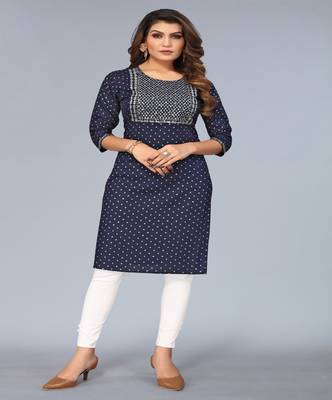 Mohvogue Navy Blue Foil Printed Embroidered Rayon Kurta. 4