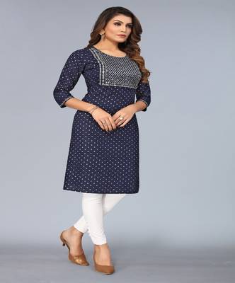 Mohvogue Navy Blue Foil Printed Embroidered Rayon Kurta. 5