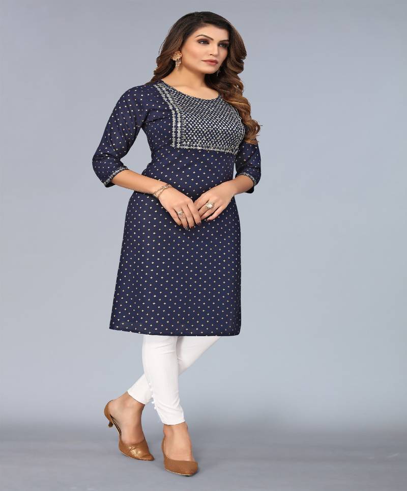Mohvogue Navy Blue Foil Printed Embroidered Rayon Kurta.