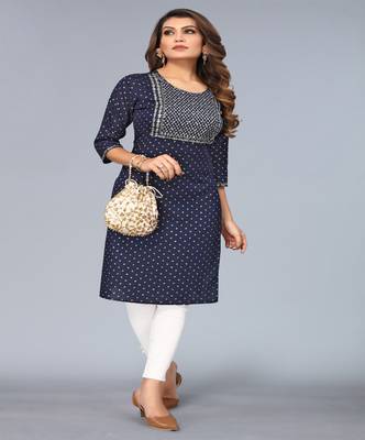 Mohvogue Navy Blue Foil Printed Embroidered Rayon Kurta. 1