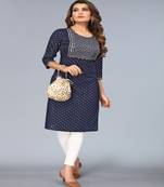 Mohvogue Navy Blue Foil Printed Embroidered Rayon Kurta.
