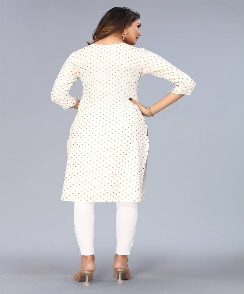 Mohvogue White Foil Printed Embroidered Rayon Kurta.