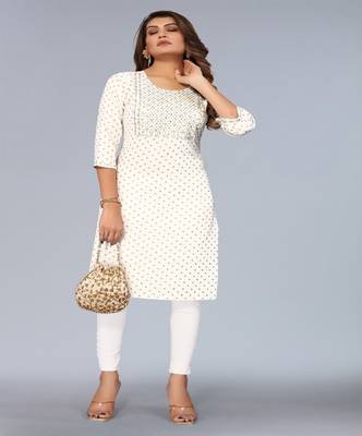 Mohvogue White Foil Printed Embroidered Rayon Kurta. 1