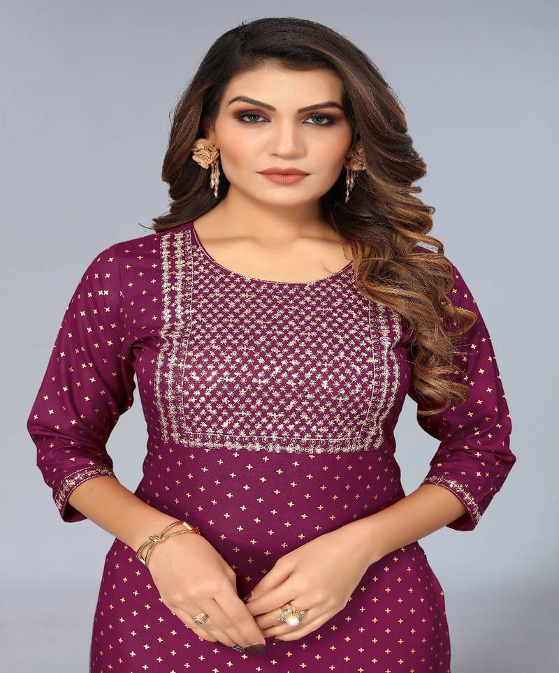 Mohvogue Purple Foil Printed Embroidered Rayon Kurta.