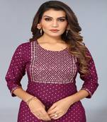 Mohvogue Purple Foil Printed Embroidered Rayon Kurta.