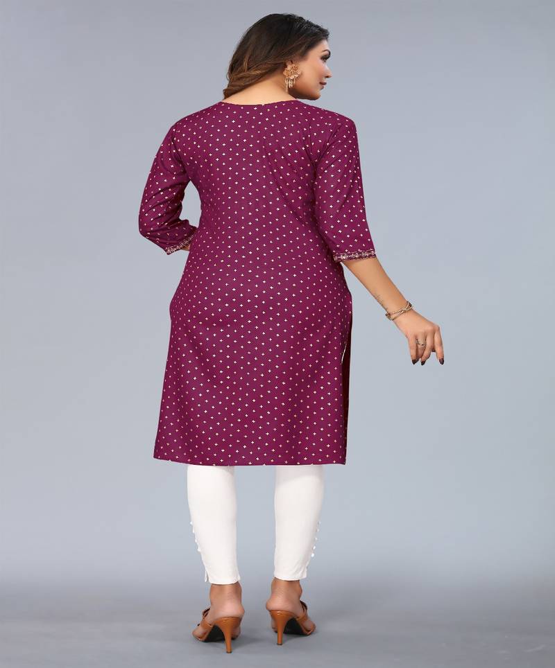 Mohvogue Purple Foil Printed Embroidered Rayon Kurta.