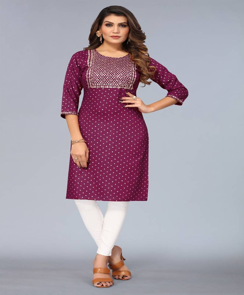 Mohvogue Purple Foil Printed Embroidered Rayon Kurta.