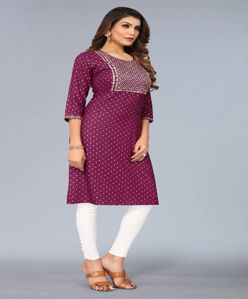 Mohvogue Purple Foil Printed Embroidered Rayon Kurta.