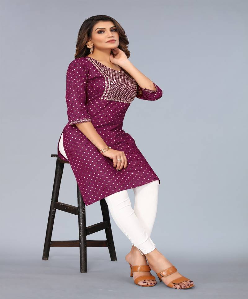 Mohvogue Purple Foil Printed Embroidered Rayon Kurta.