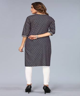Mohvogue Women's Navy Blue Foil Printed Embroidered Rayon Kurta. 2