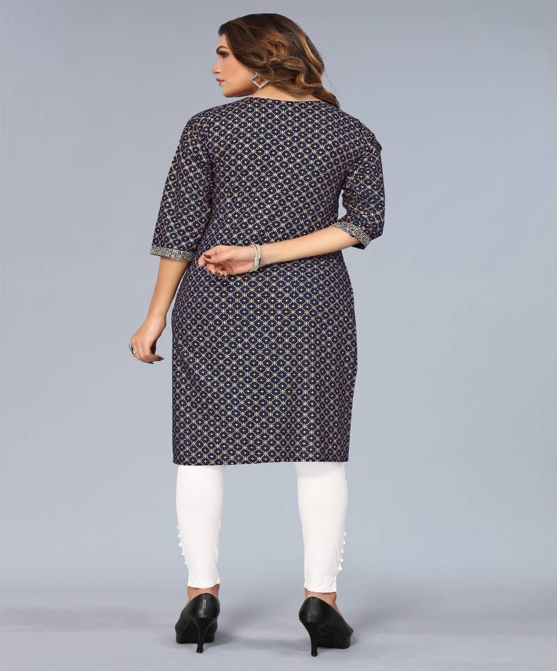 Mohvogue Women's Navy Blue Foil Printed Embroidered Rayon Kurta.