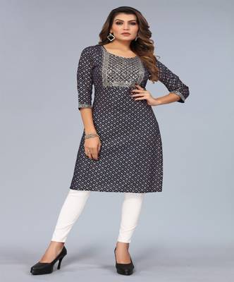 Mohvogue Women's Navy Blue Foil Printed Embroidered Rayon Kurta. 3
