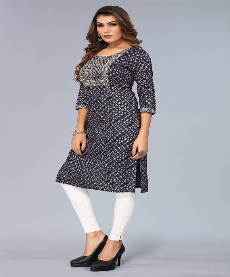 Mohvogue Women's Navy Blue Foil Printed Embroidered Rayon Kurta.