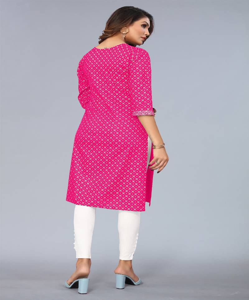 Mohvogue Women's Pink Foil Printed Embroidered Rayon Kurta.