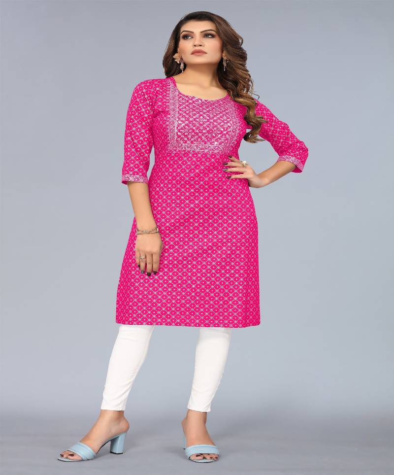 Mohvogue Women's Pink Foil Printed Embroidered Rayon Kurta.
