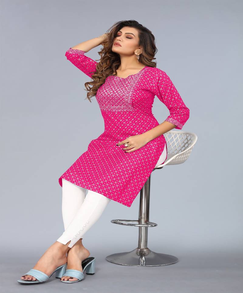 Mohvogue Women's Pink Foil Printed Embroidered Rayon Kurta.