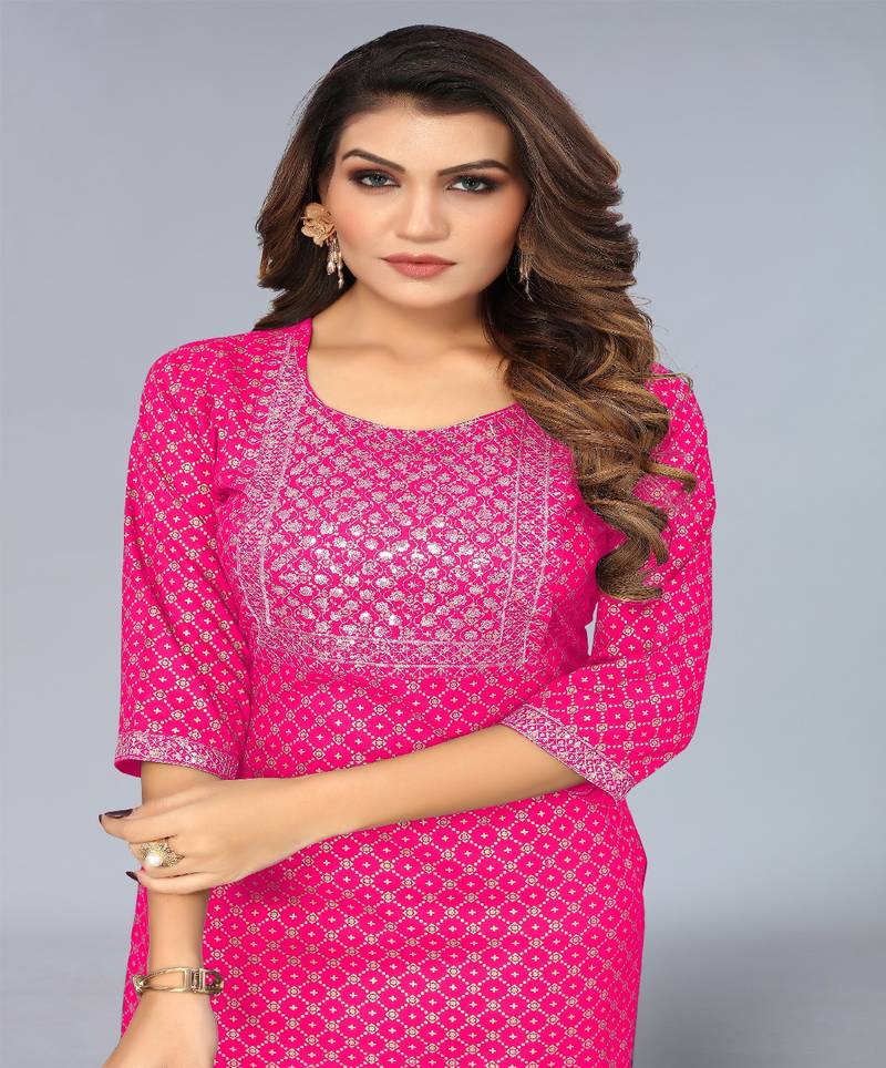 Mohvogue Women's Pink Foil Printed Embroidered Rayon Kurta.