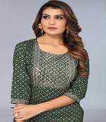 Mohvogue Women's Dark Green Foil Printed Embroidered Rayon Kurta.