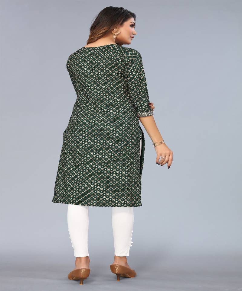 Mohvogue Women's Dark Green Foil Printed Embroidered Rayon Kurta.