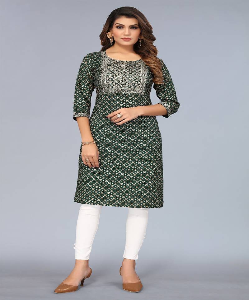 Mohvogue Women's Dark Green Foil Printed Embroidered Rayon Kurta.