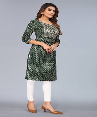 Mohvogue Women's Dark Green Foil Printed Embroidered Rayon Kurta. 4