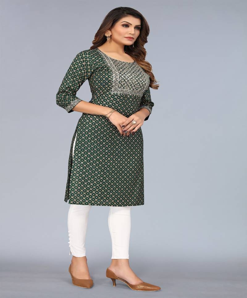 Mohvogue Women's Dark Green Foil Printed Embroidered Rayon Kurta.