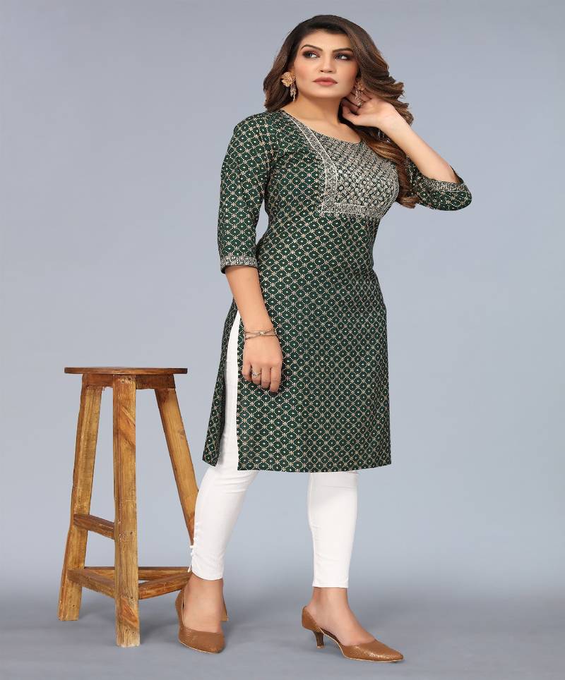 Mohvogue Women's Dark Green Foil Printed Embroidered Rayon Kurta.