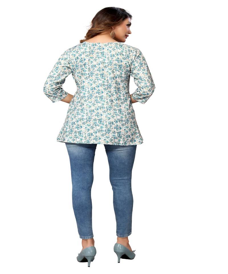 Mohvogue Sea Green Floral Printed Short Rayon Women's Kurta.