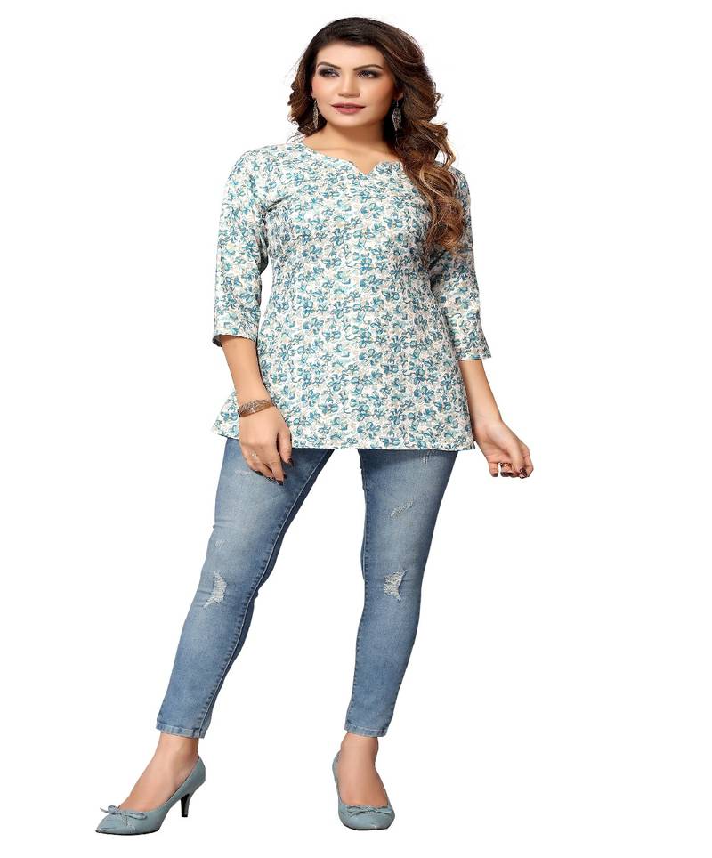 Mohvogue Sea Green Floral Printed Short Rayon Women's Kurta.
