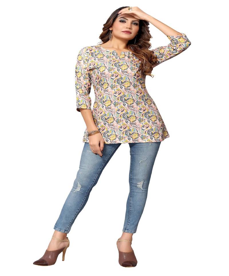 Mohvogue MultiColor Floral Printed Short Rayon Women's Kurta.