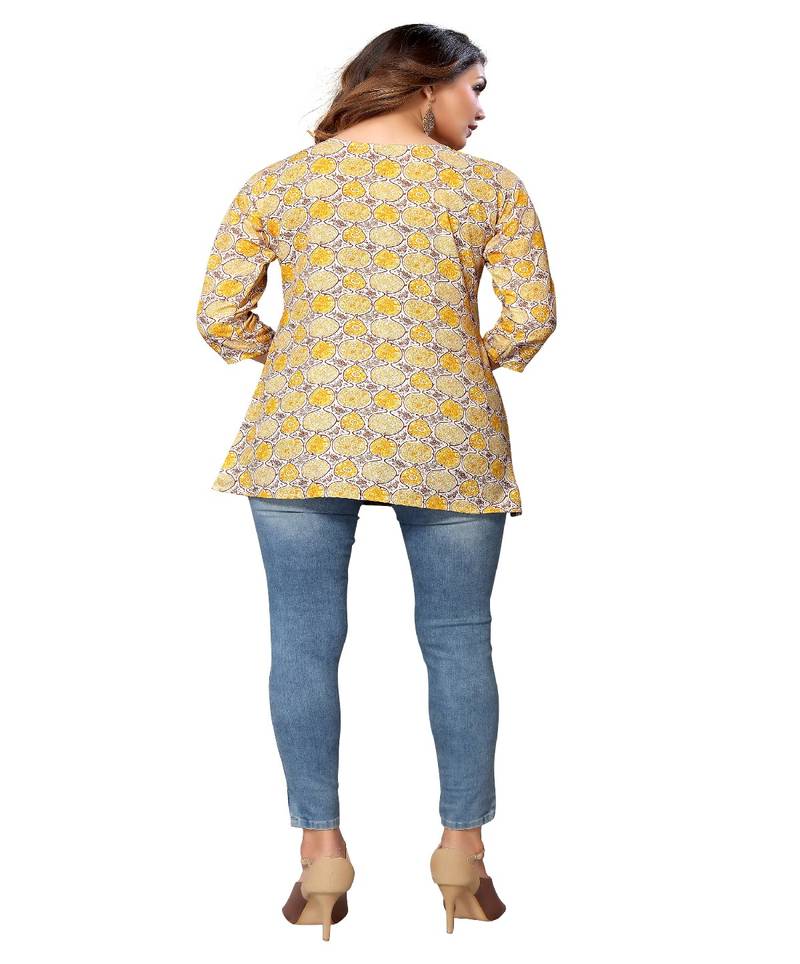 Mohvogue Yellow Floral Printed Short Rayon Women's Kurta.