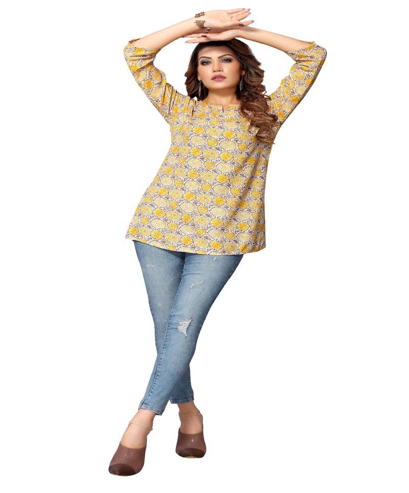 Mohvogue Yellow Floral Printed Short Rayon Women's Kurta.