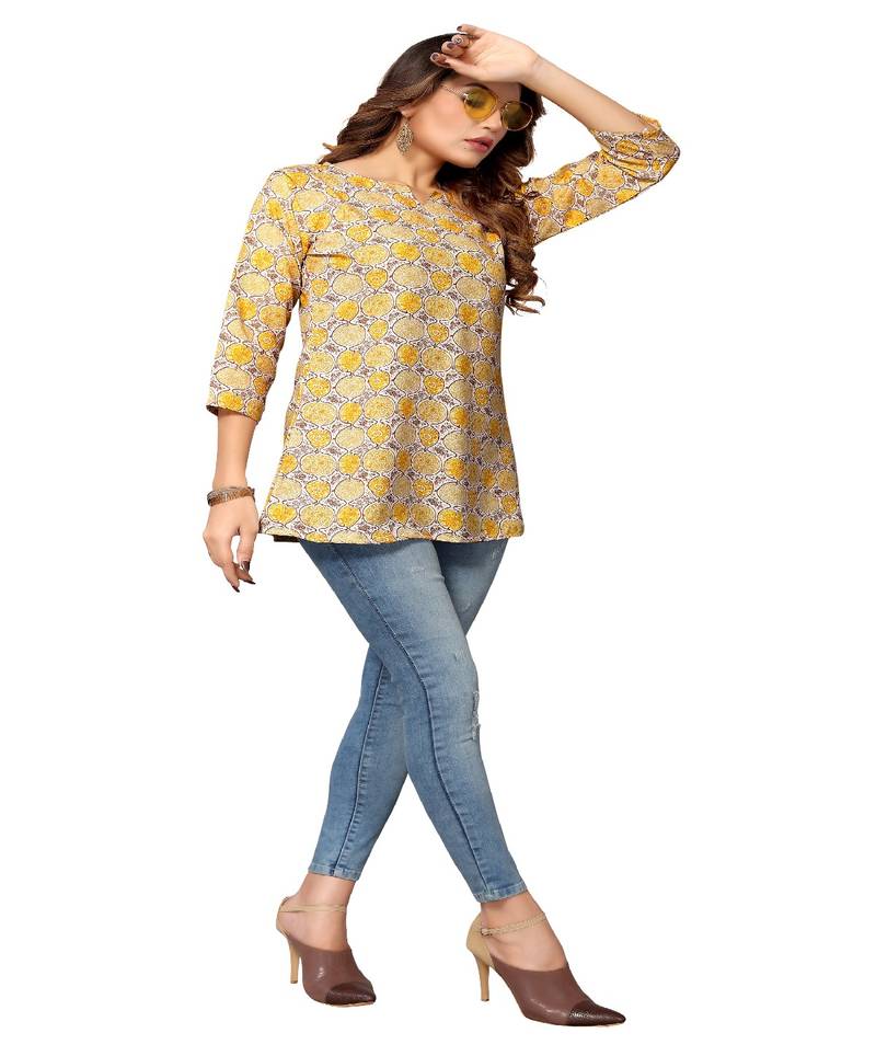 Mohvogue Yellow Floral Printed Short Rayon Women's Kurta.