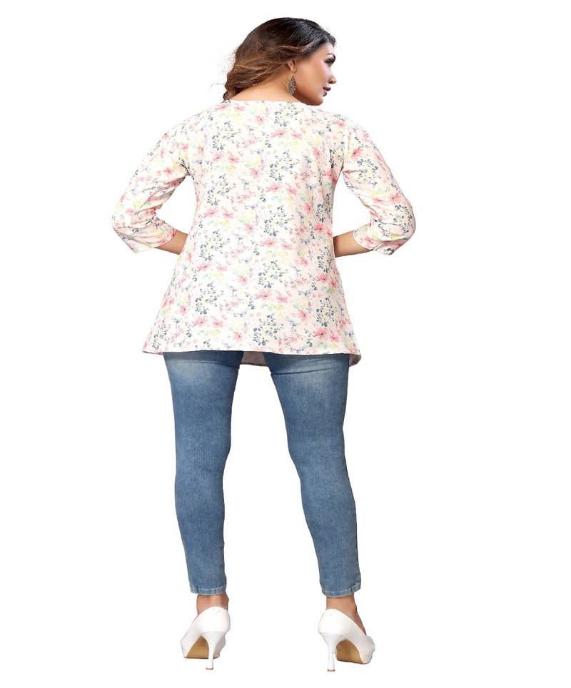 Mohvogue Off White Floral Printed Short Rayon Women's Kurta.