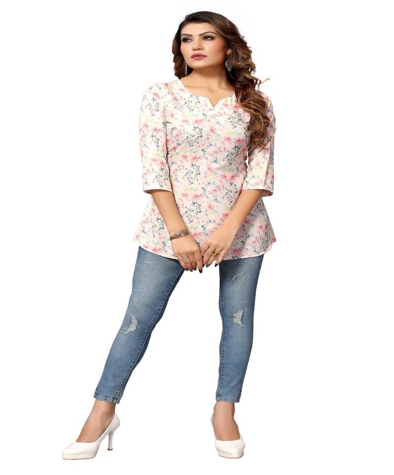 Mohvogue Off White Floral Printed Short Rayon Women's Kurta.