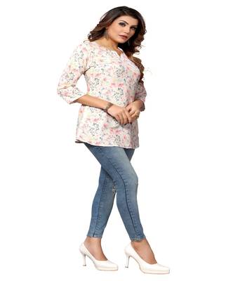 Mohvogue Off White Floral Printed Short Rayon Women's Kurta. 4
