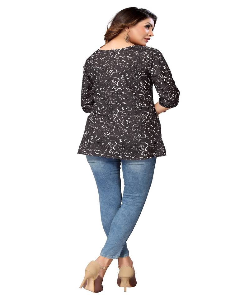 Mohvogue Black Floral Printed Short Rayon Women's Kurta.