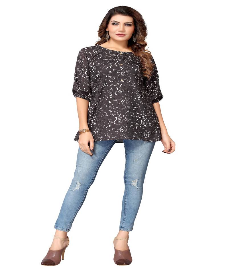 Mohvogue Black Floral Printed Short Rayon Women's Kurta.