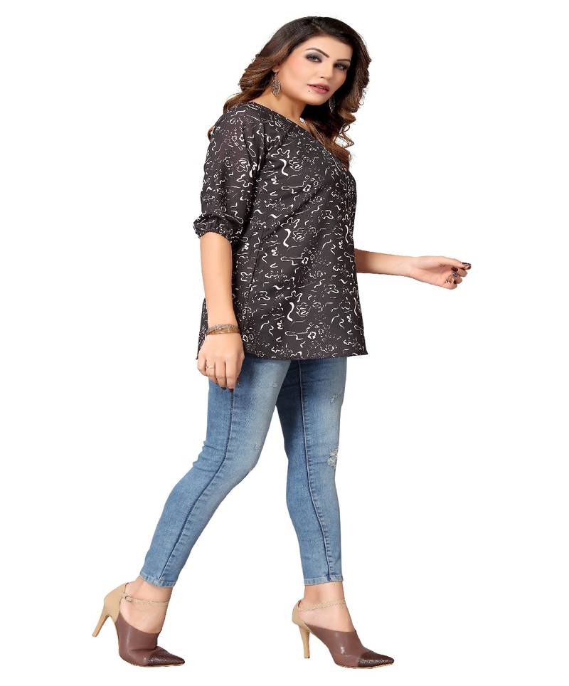 Mohvogue Black Floral Printed Short Rayon Women's Kurta.