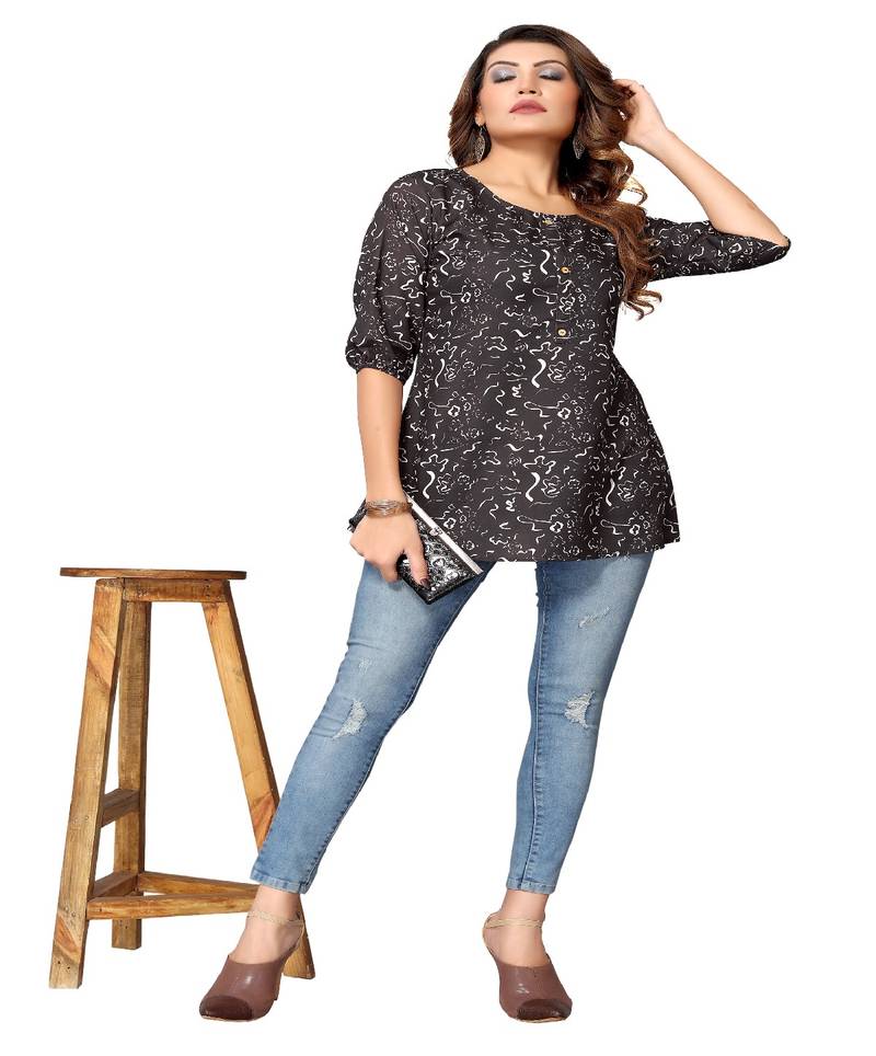 Mohvogue Black Floral Printed Short Rayon Women's Kurta.