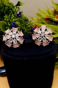 Pink Indian Jewellery American Diamond Rose Polish Long Hangging Dangler Earrings for Women Wedding