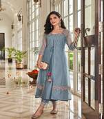 Blue embroidery stitched indowestern koti suits churidar salwar suits
