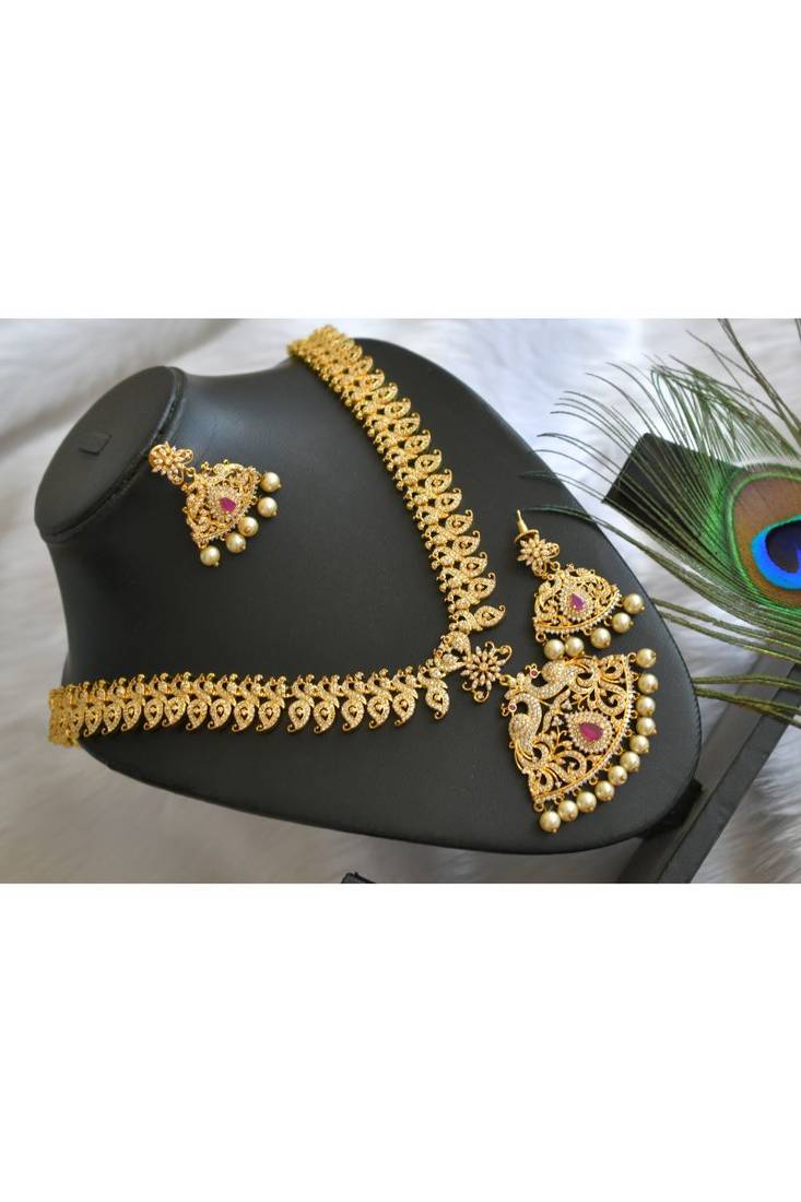 Gold tone Cz-ruby-white peacock bridal haar set dj-01895