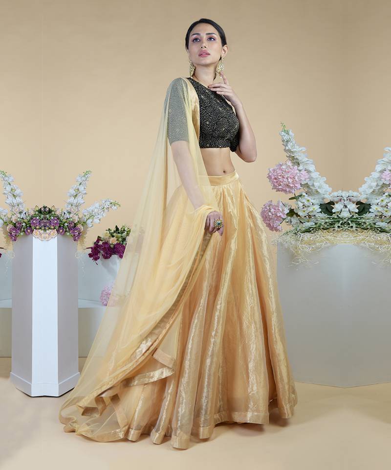 Black-Gold Hand Embroidered Blouse With Gold Tissue Skirt