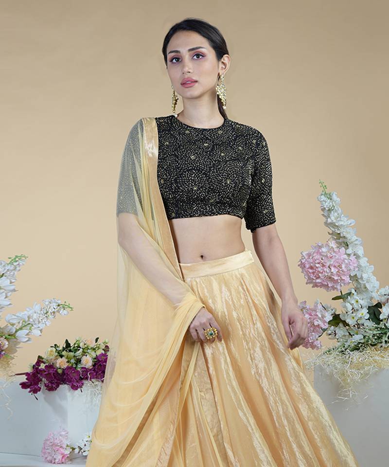 Black-Gold Hand Embroidered Blouse With Gold Tissue Skirt