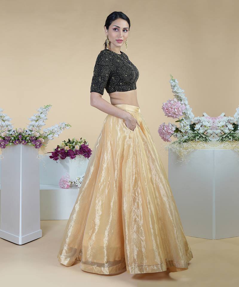 Black-Gold Hand Embroidered Blouse With Gold Tissue Skirt