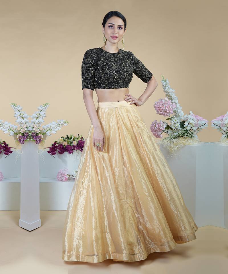 Black-Gold Hand Embroidered Blouse With Gold Tissue Skirt