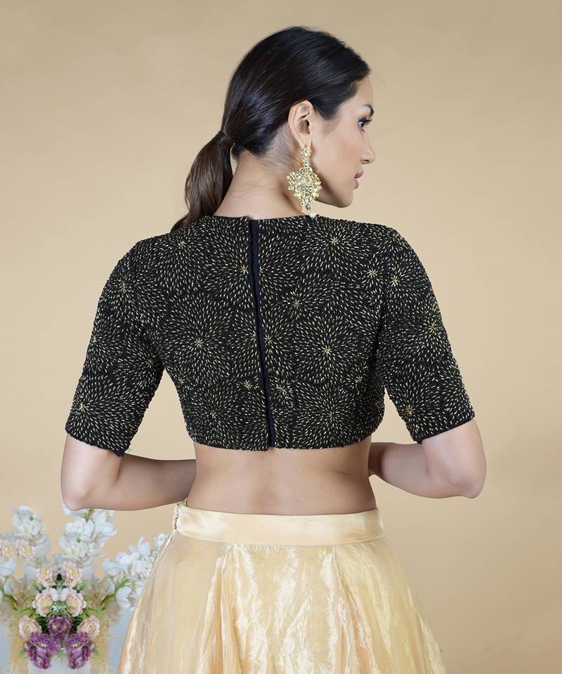 Black-Gold Hand Embroidered Blouse With Gold Tissue Skirt