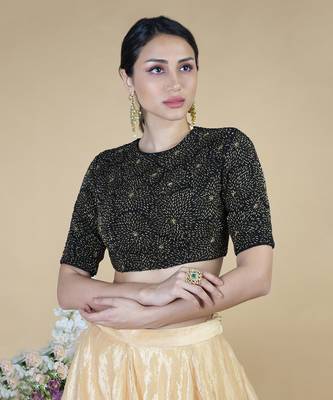 Black-Gold Hand Embroidered Blouse With Gold Tissue Skirt 7
